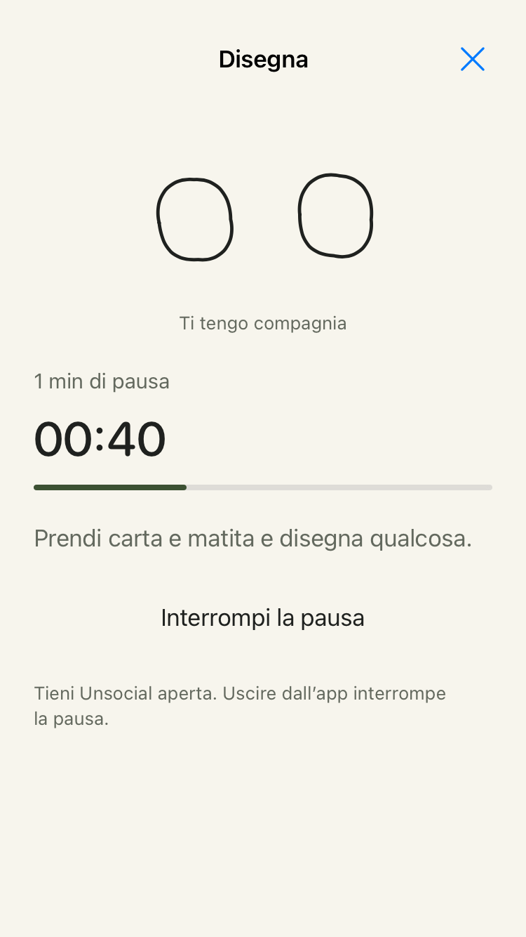 Una pausa Disegna in Unsocial: i nuovi occhi a contorno fanno compagnia e il timer indica 40 secondi.