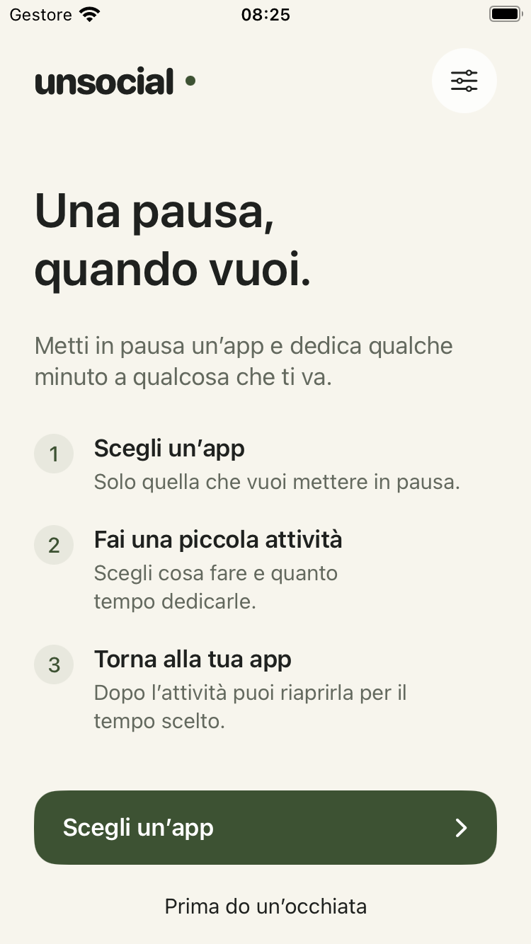 La schermata iniziale di Unsocial: scegli un’app, fai una piccola attività e torna alla tua app.
